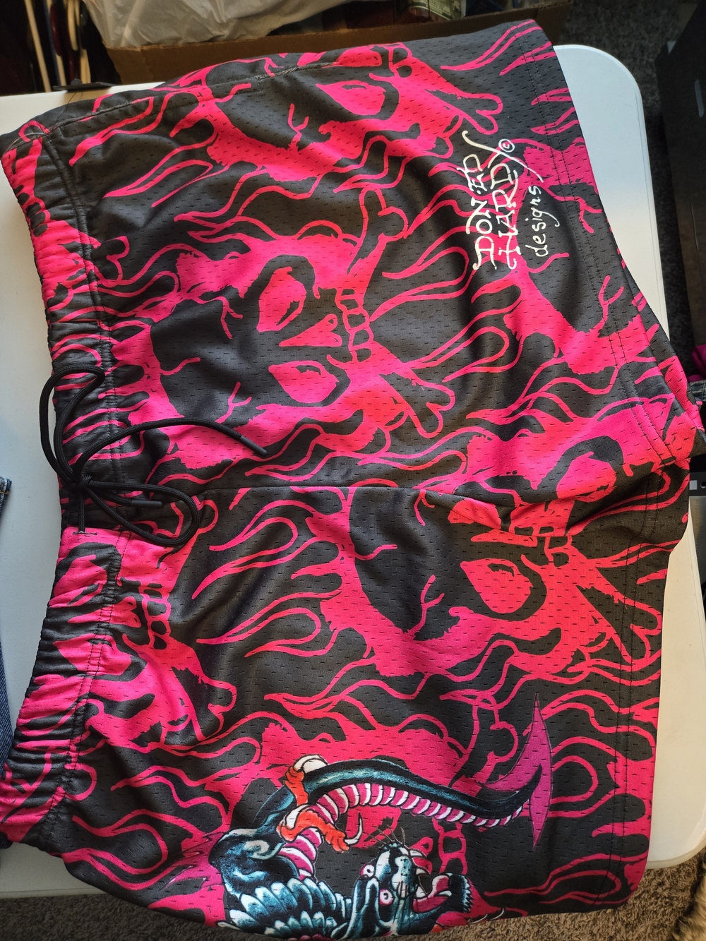 Ed Hardy Men's Black and Hot Pink Flame Skull Swim/Board Shorts